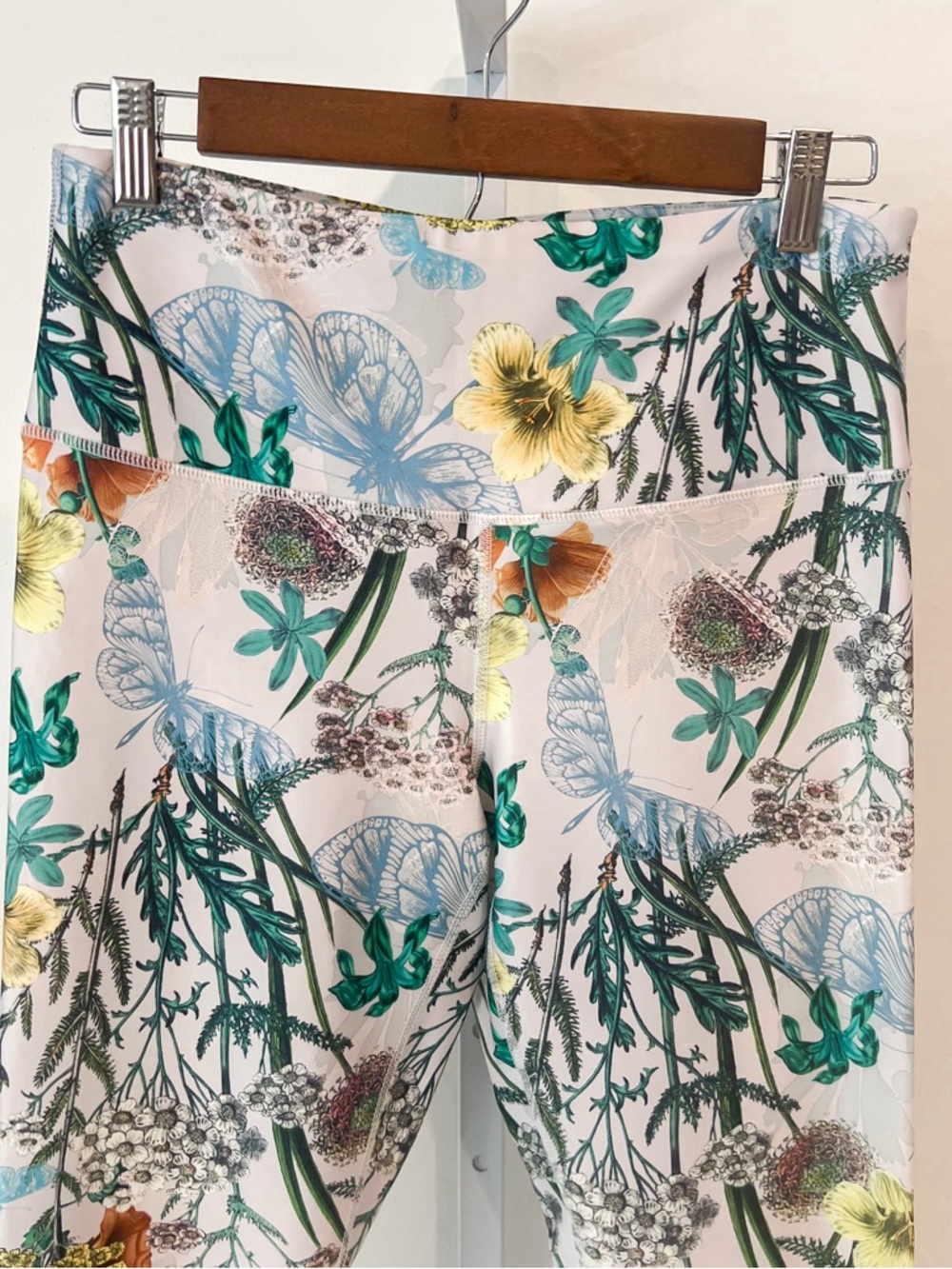 Playground Cream Green Yellow Floral Botanical Print Leggings Womens Sz Large